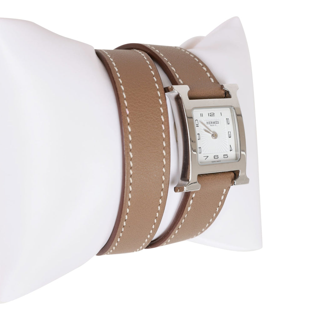 Pre-owned Hermes Mini Heure H Etoupe Swift Stainless Steel 21mm Double Tour Watch