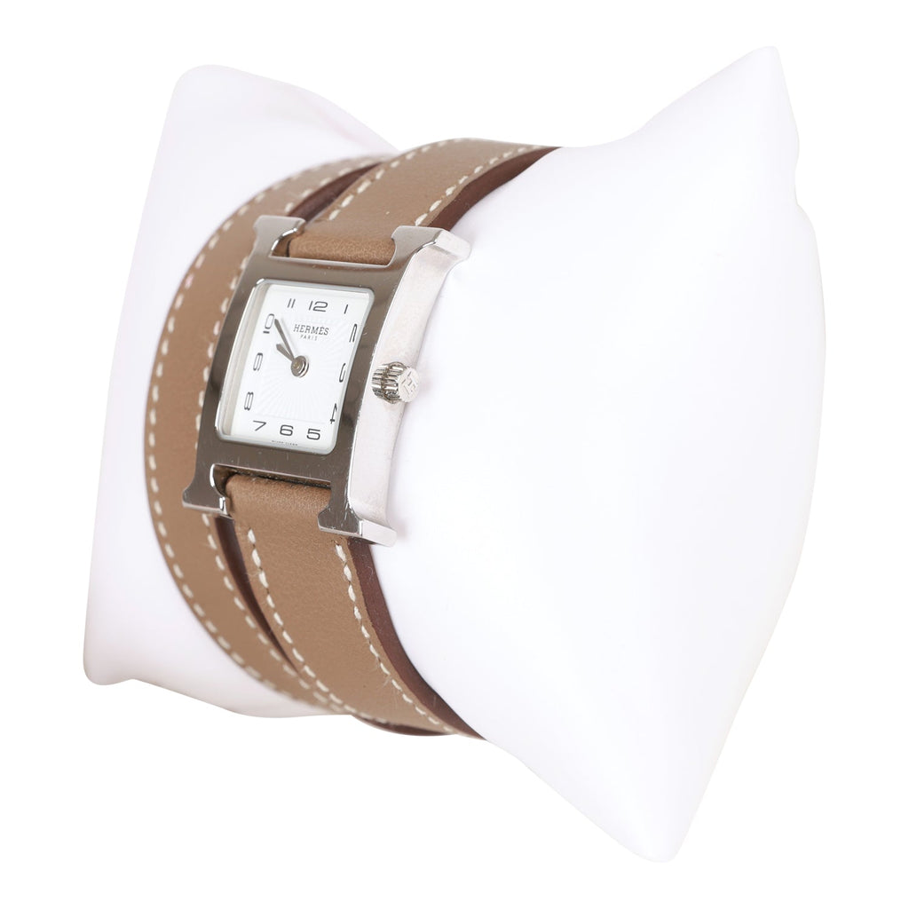 Pre-owned Hermes Mini Heure H Etoupe Swift Stainless Steel 21mm Double Tour Watch