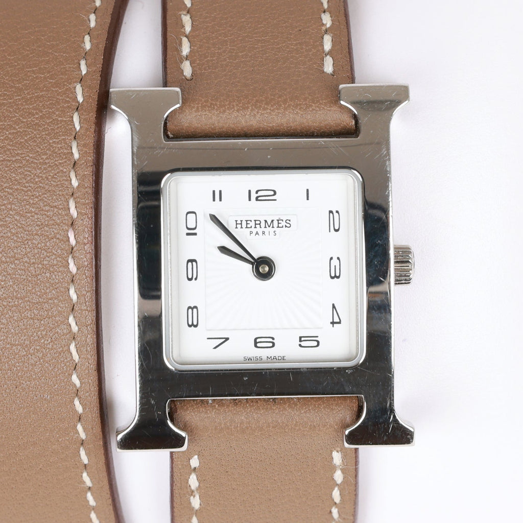 Pre-owned Hermes Mini Heure H Etoupe Swift Stainless Steel 21mm Double Tour Watch