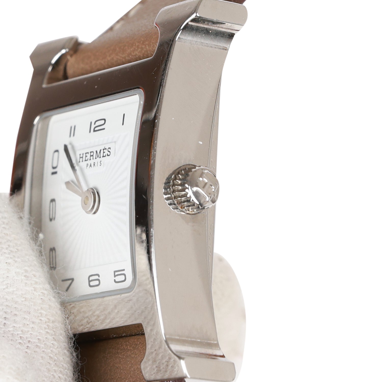 Pre-owned Hermes Mini Heure H Etoupe Swift Stainless Steel 21mm Double Tour Watch