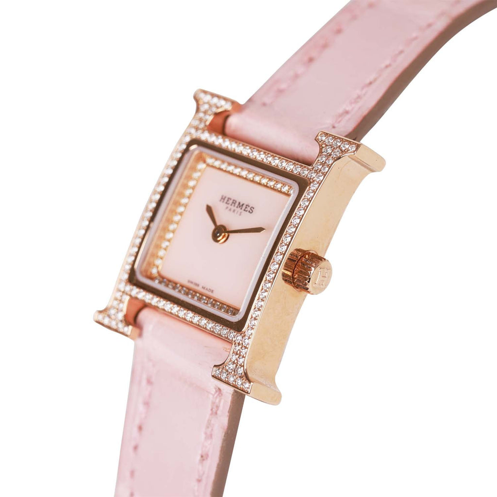 Hermes Rose Pale and Rose Opal Matte Alligator Heure H XS Diamond Watch