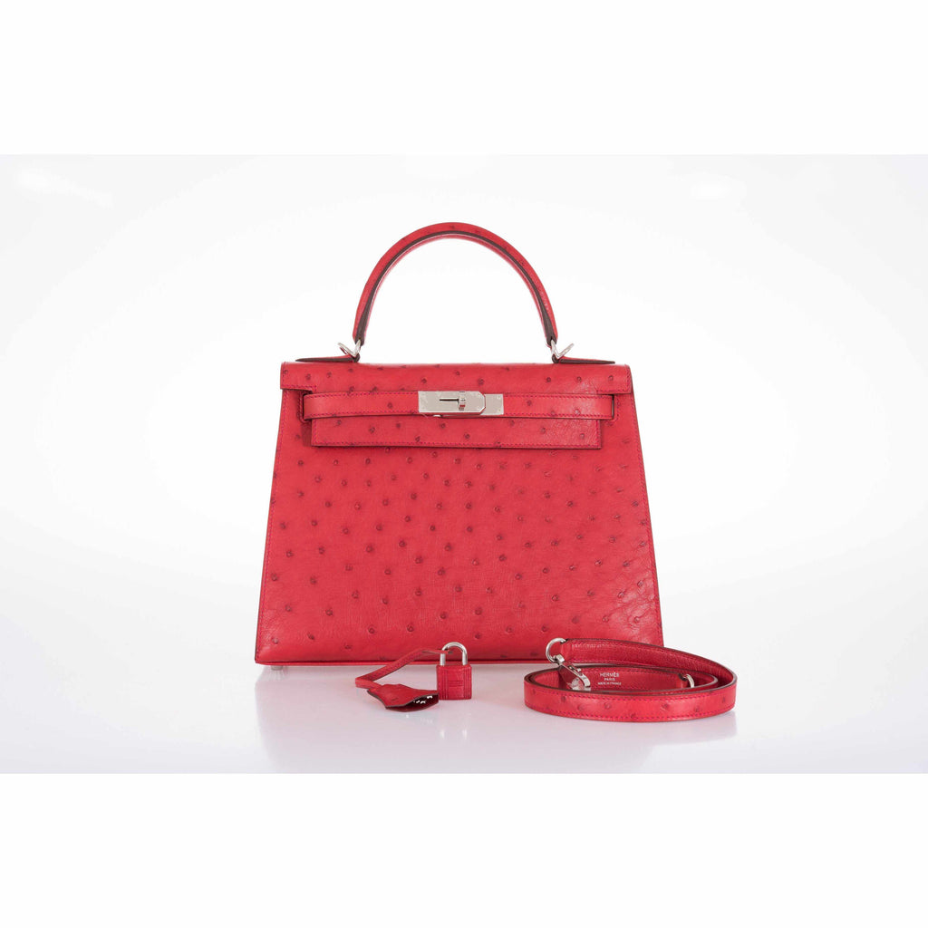 Hermès Kelly 28 Ostrich Rouge Vif Palladium Hardware 