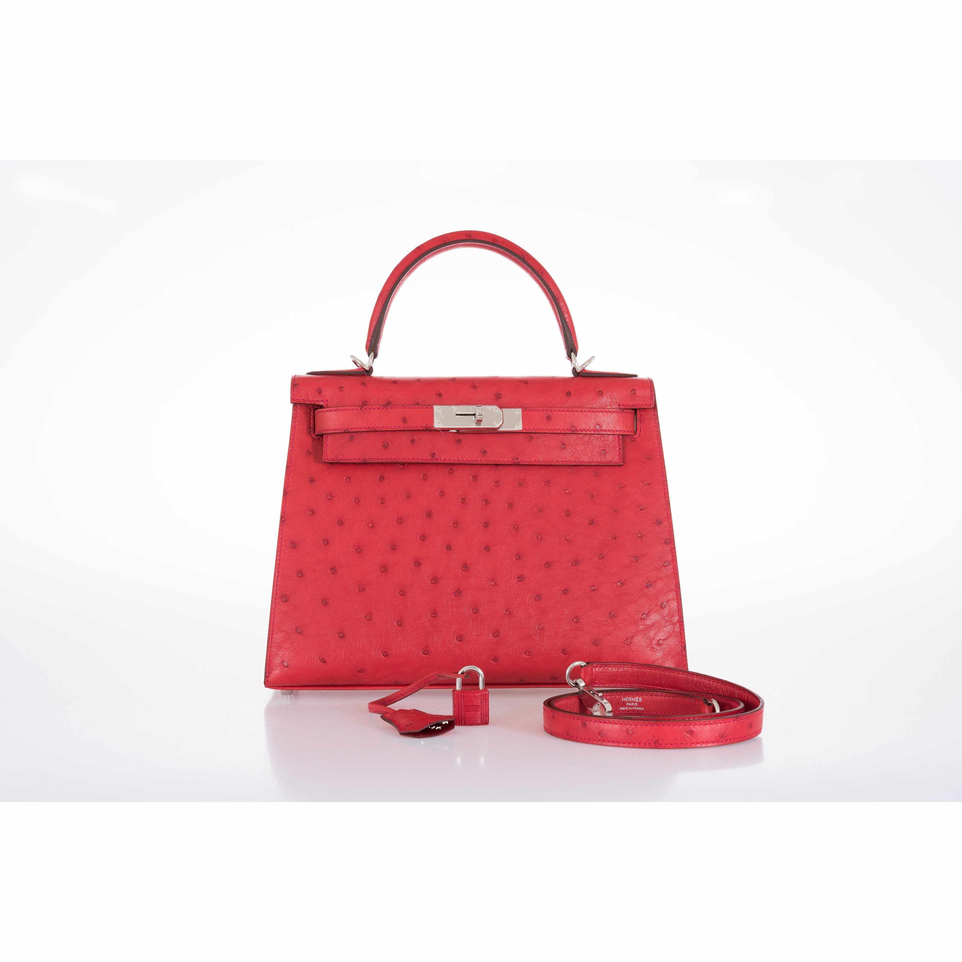 Hermès Kelly 28 Ostrich Rouge Vif Palladium Hardware 