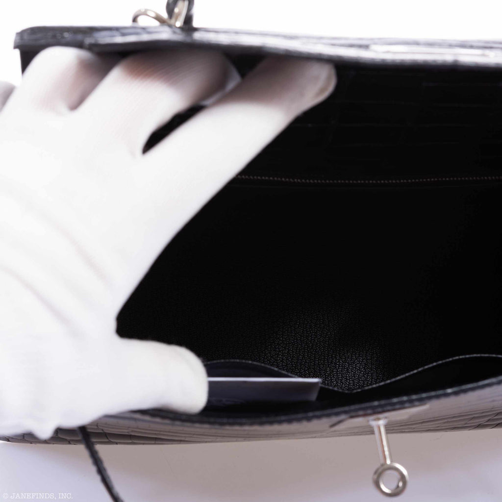 Hermès Kelly 28 Sellier Black Shiny Niloticus Crocodile Palladium Hardware