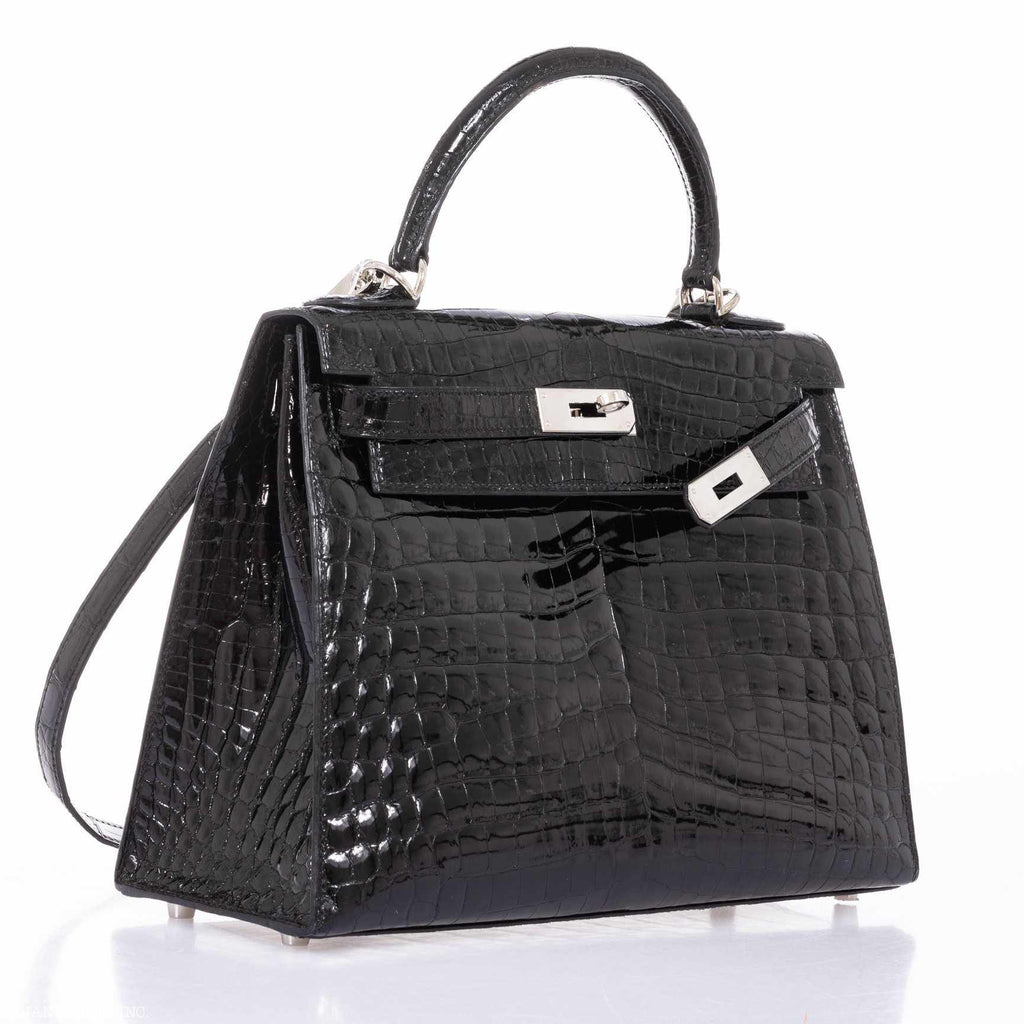 Hermès Kelly 28 Sellier Black Shiny Niloticus Crocodile Palladium Hardware