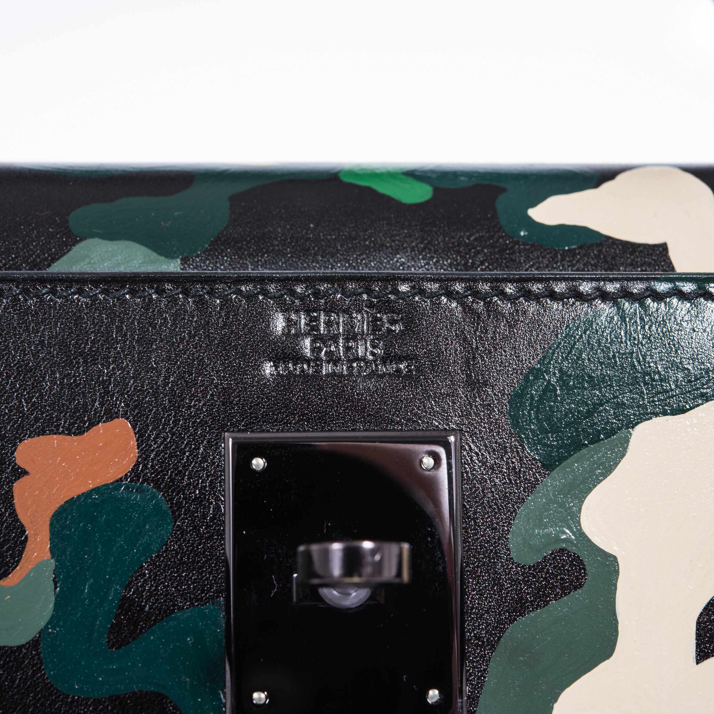 Hermès Kelly 32 Black Box Camouflage Ruthenium Hardware