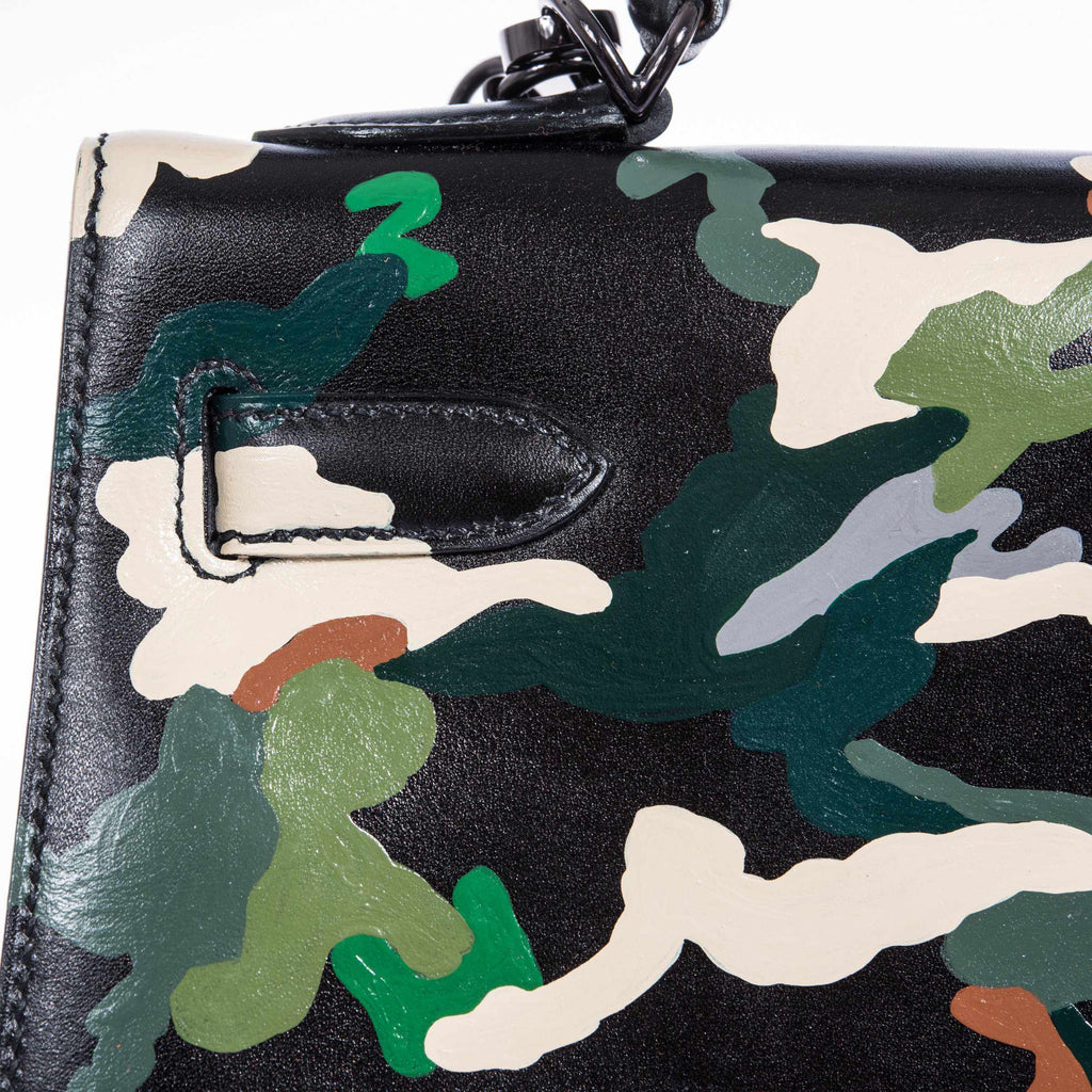 Hermès Kelly 32 Black Box Camouflage Ruthenium Hardware