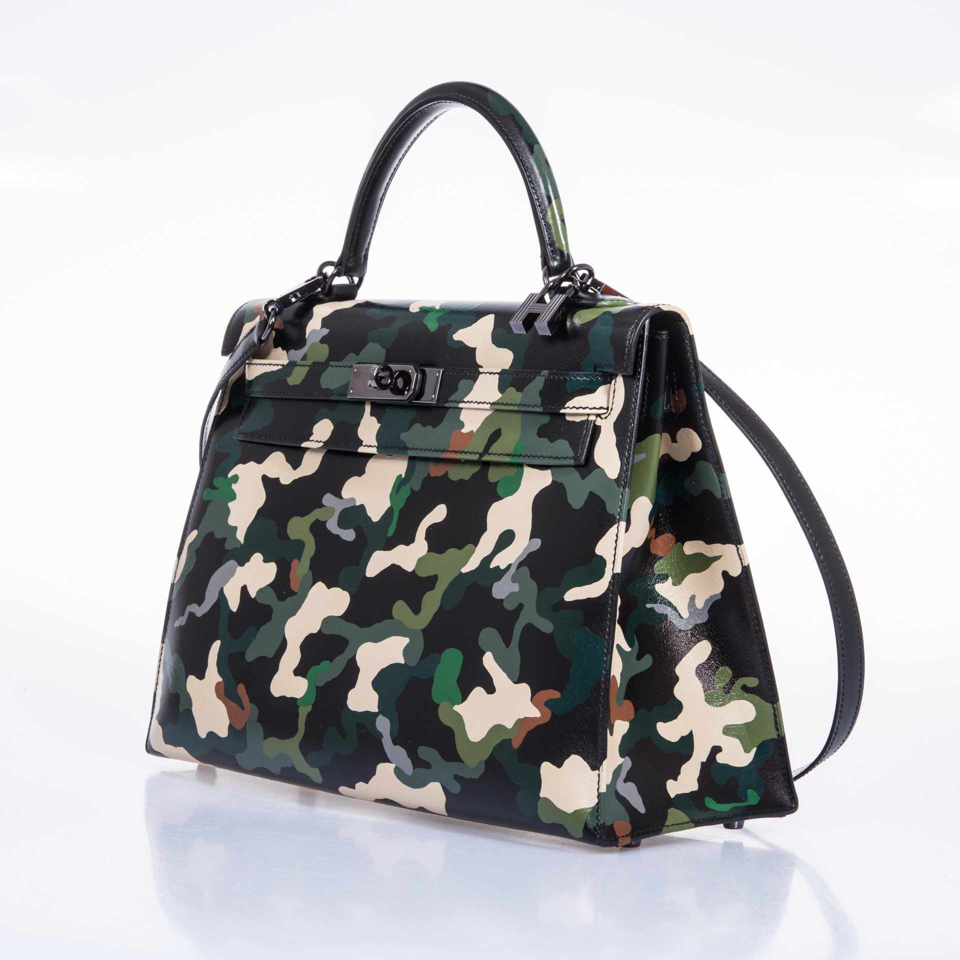 Hermès Kelly 32 Black Box Camouflage Ruthenium Hardware