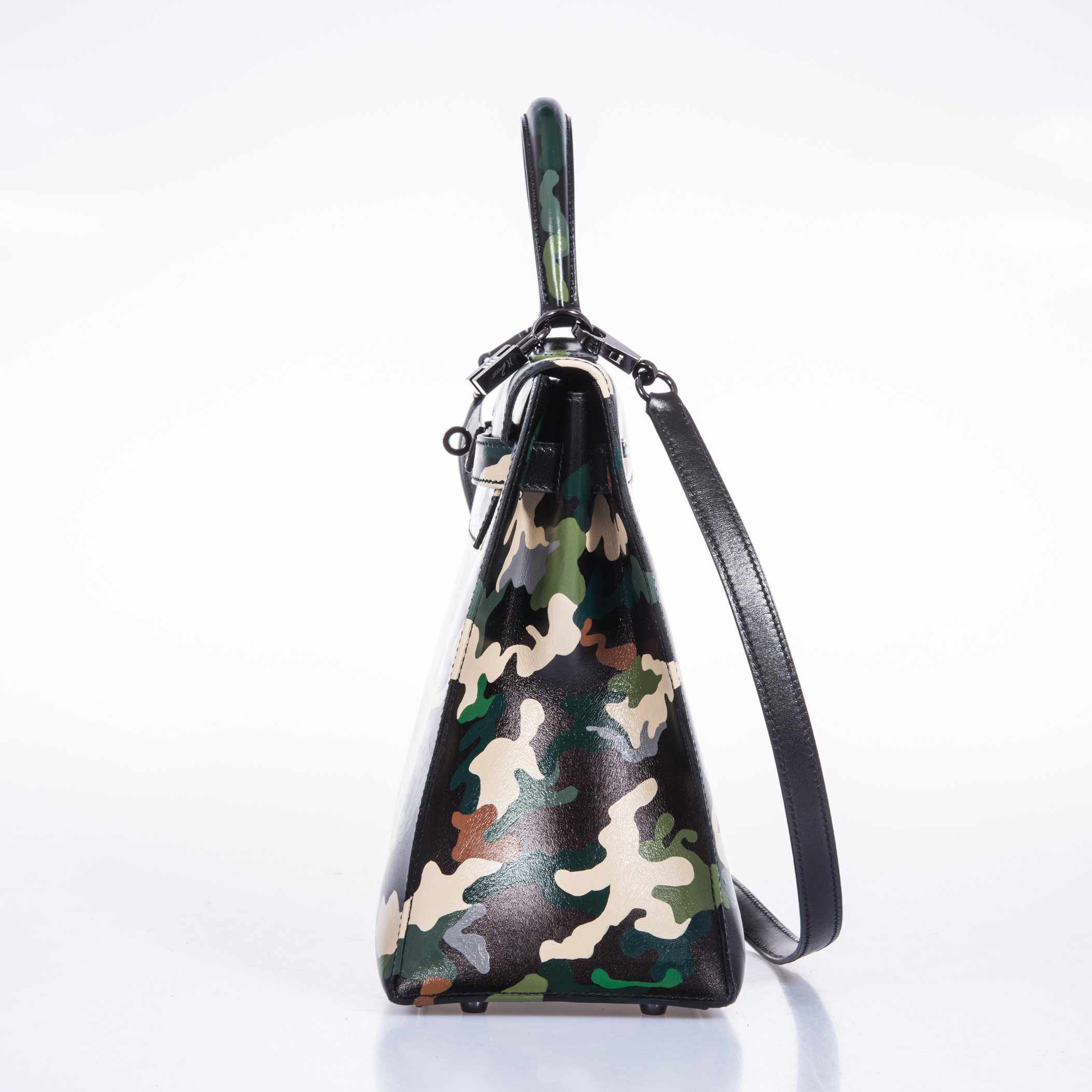 Hermès Kelly 32 Black Box Camouflage Ruthenium Hardware
