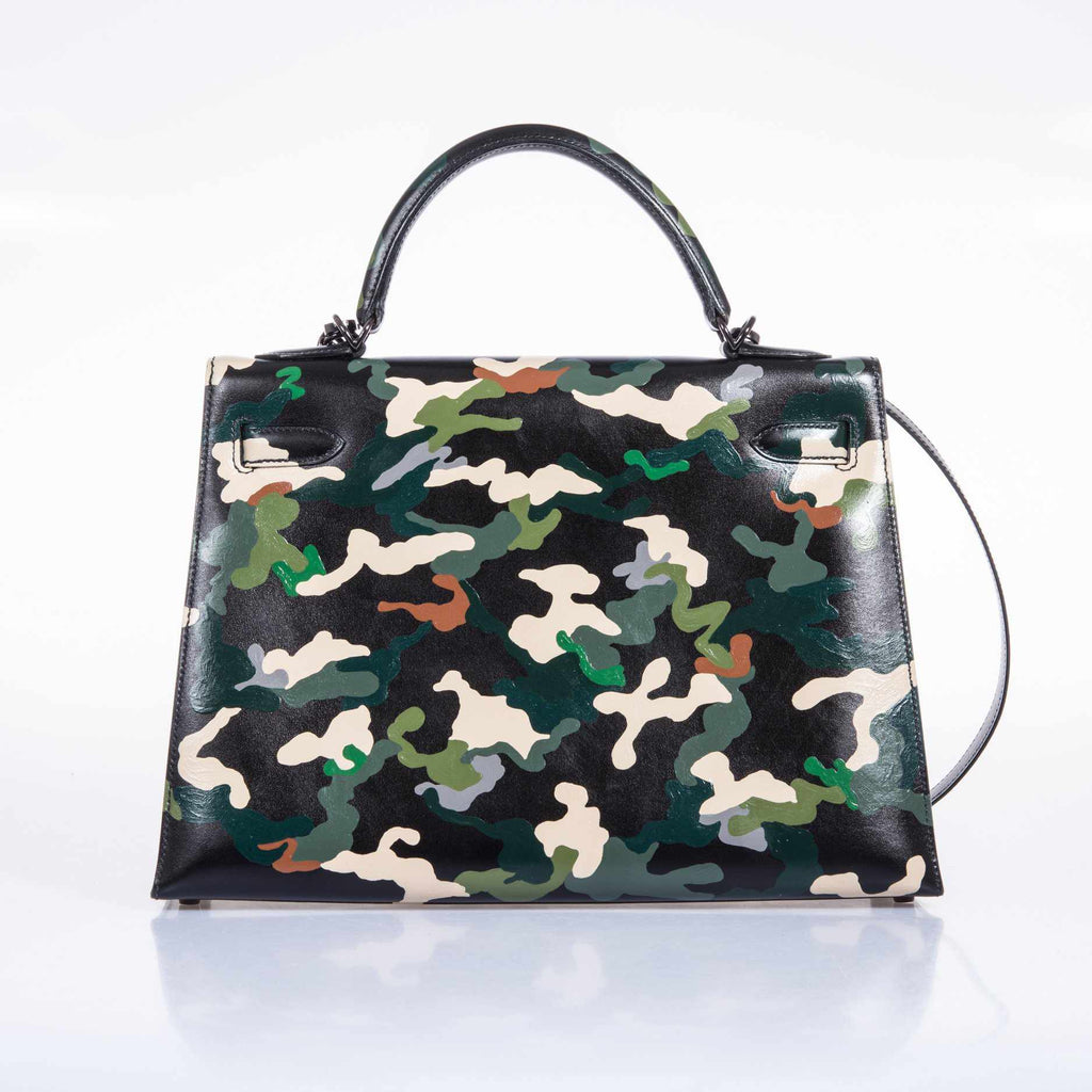 Hermès Kelly 32 Black Box Camouflage Ruthenium Hardware