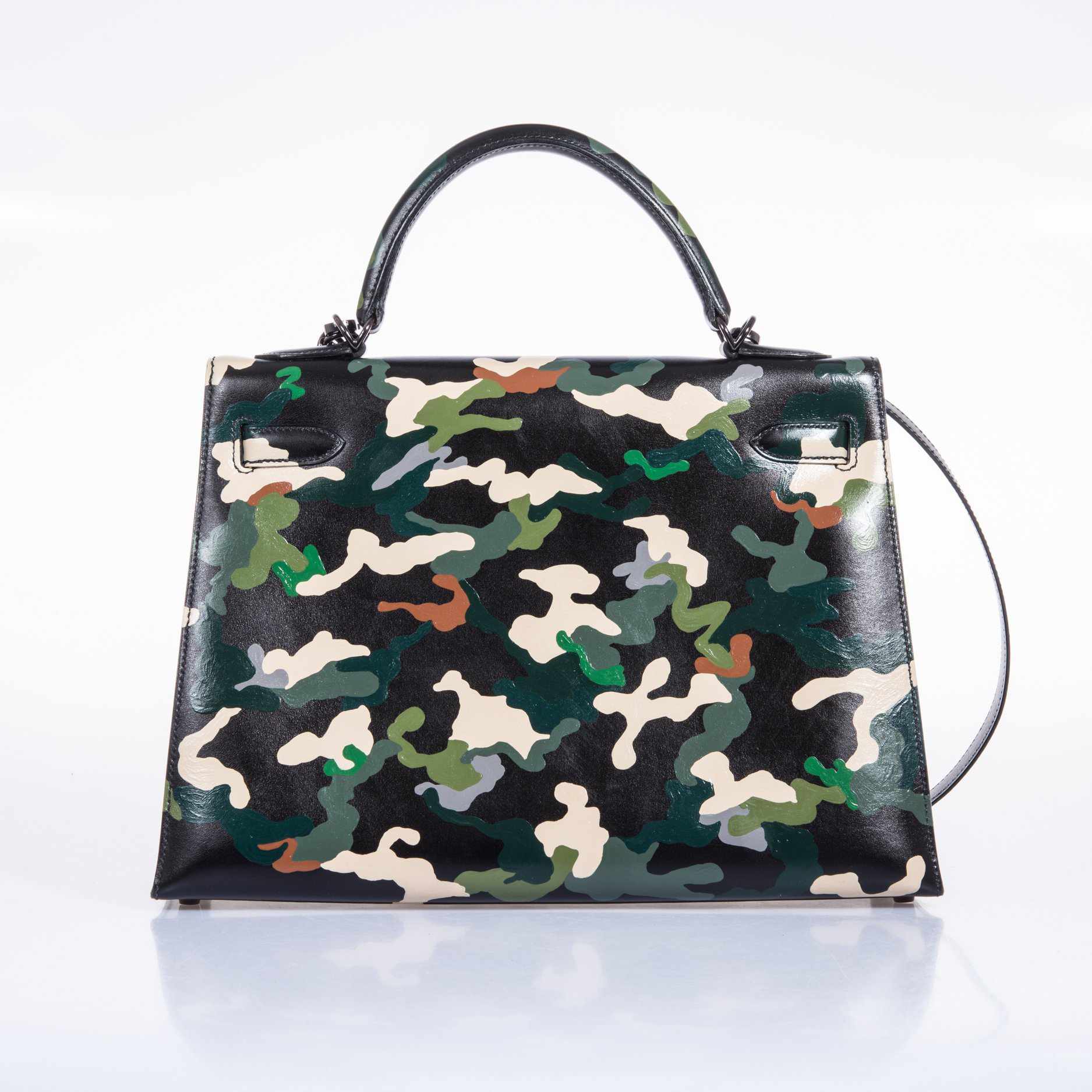Hermès Kelly 32 Black Box Camouflage Ruthenium Hardware