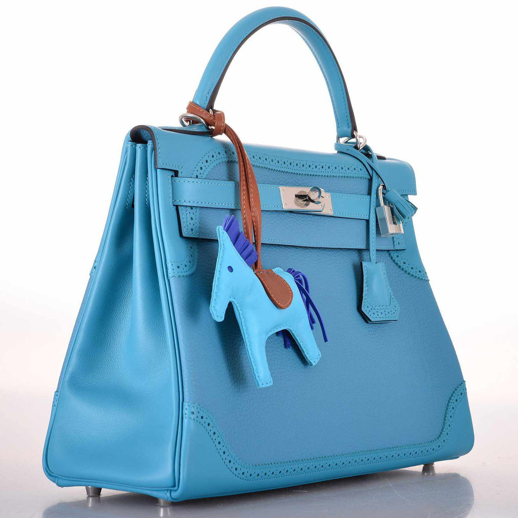 Hermès Kelly 32 Ghillies Clemence Swift Turquoise Mix Palladium Hardware