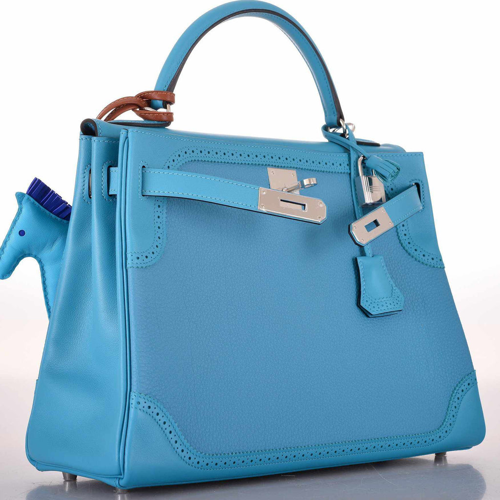 Hermès Kelly 32 Ghillies Turquoise Clemence And Swift Palladium Hardware