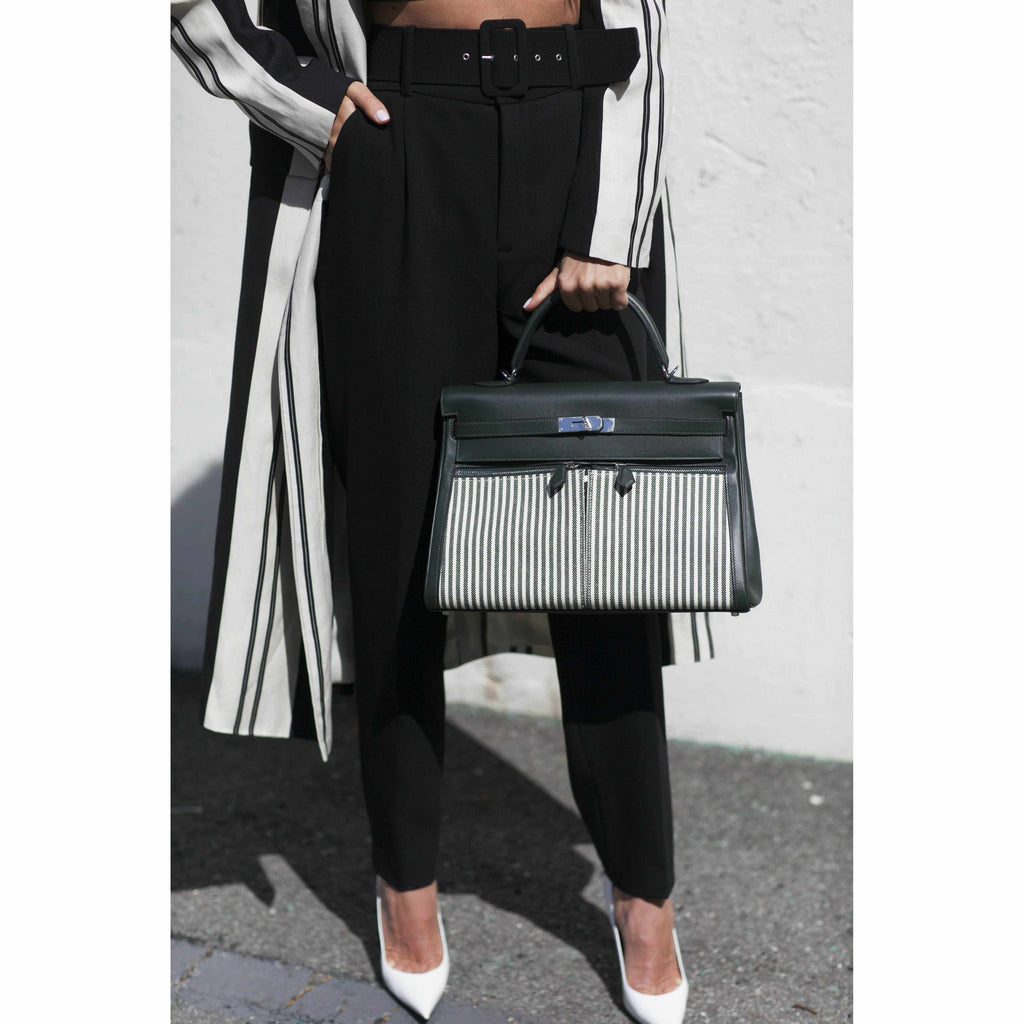 Hermès Kelly 35 Lakis Ecru Vert Anglais Toile Riga Swift Palladium Hardware