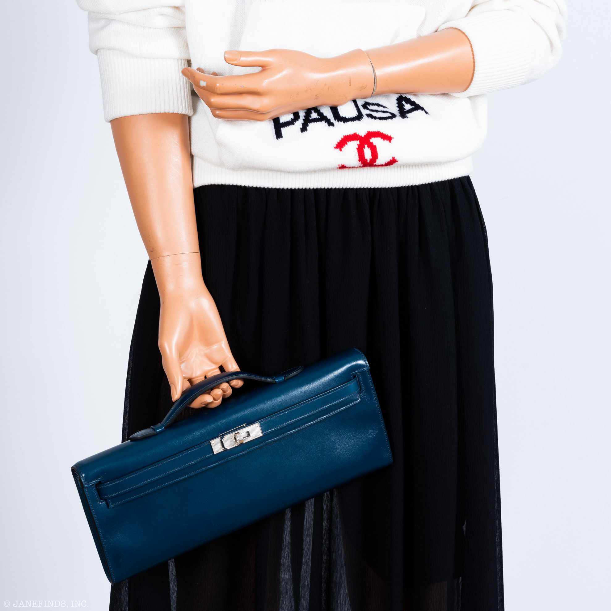 Hermès Kelly Cut Clutch Blue de Prusse Box Leather Guilloché Palladium Hardware