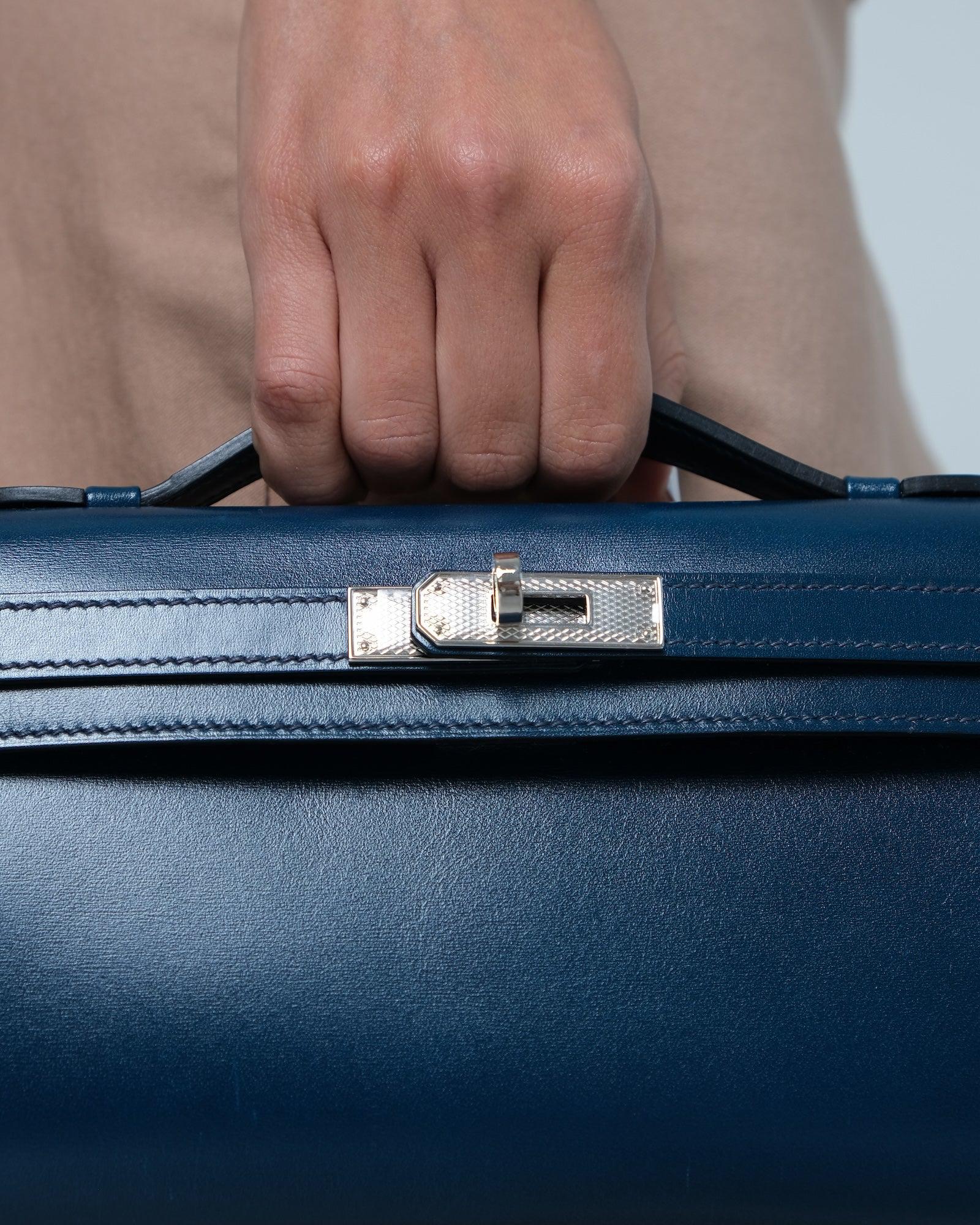 Hermès Kelly Cut Clutch Blue de Prusse Box Leather Guilloché Palladium Hardware