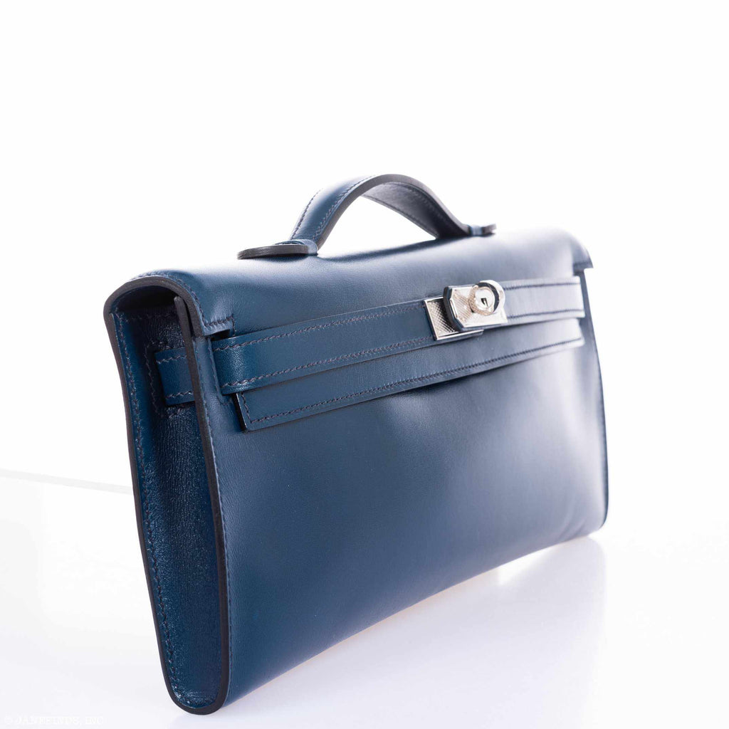 Hermès Kelly Cut Clutch Blue de Prusse Box Leather Guilloché Palladium Hardware