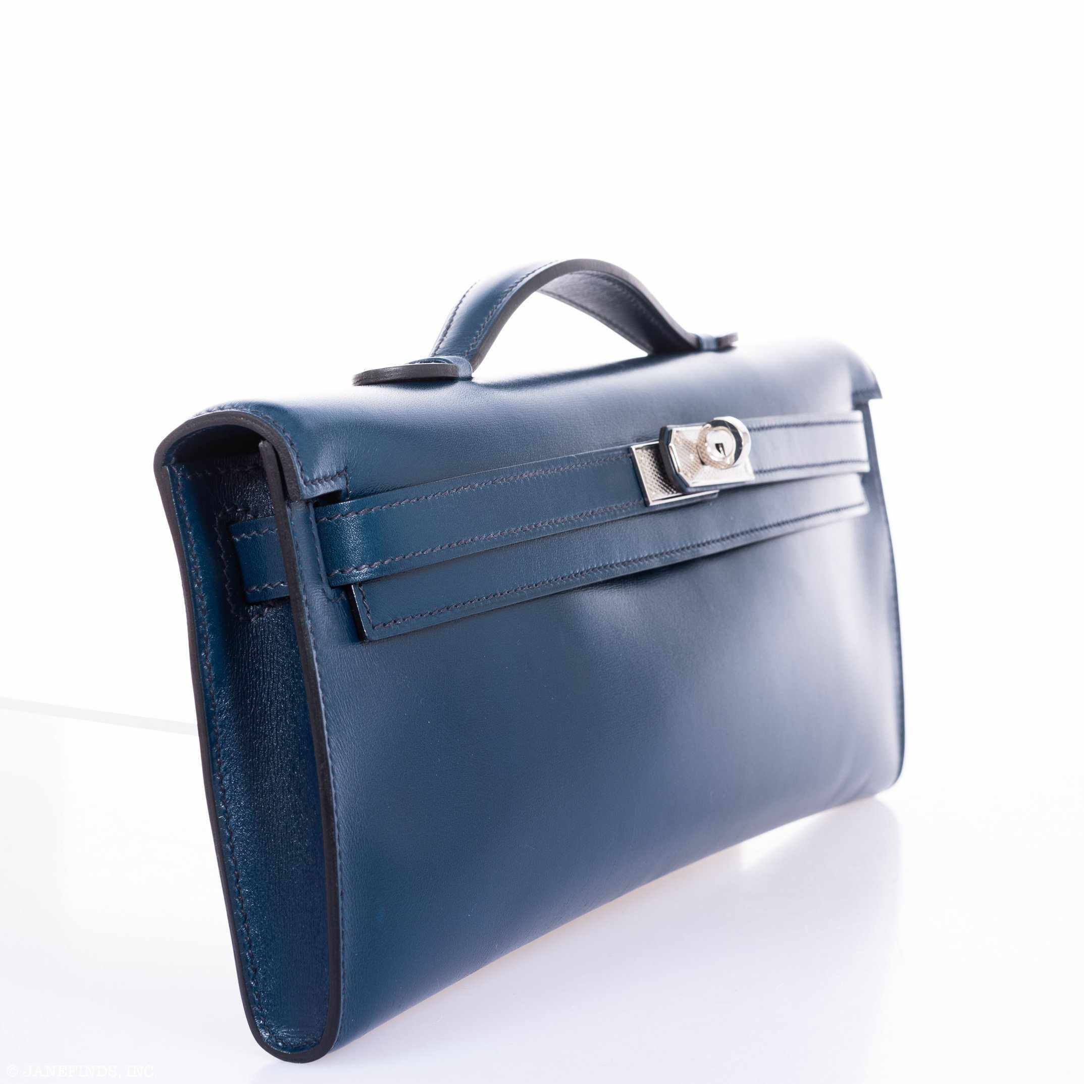 Hermès Kelly Cut Clutch Blue de Prusse Box Leather Guilloché Palladium Hardware