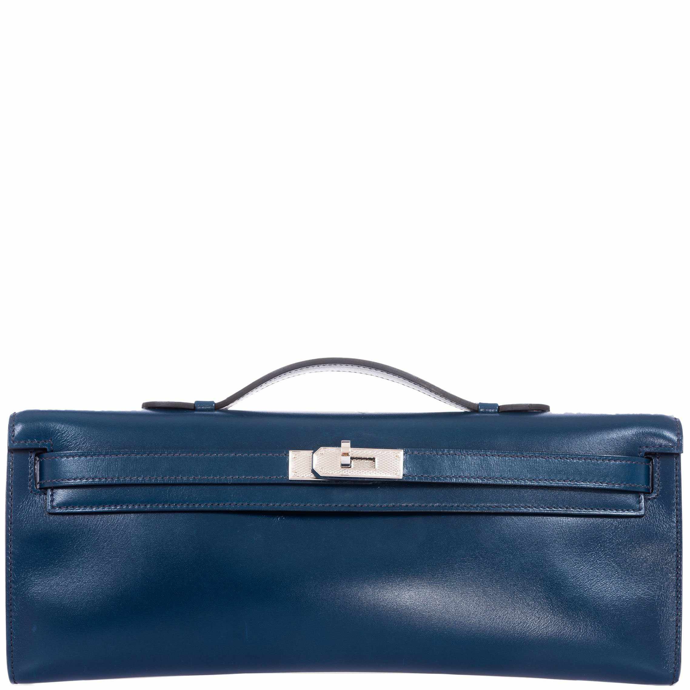 Hermès Kelly Cut Clutch Blue de Prusse Box Leather Guilloché Palladium Hardware