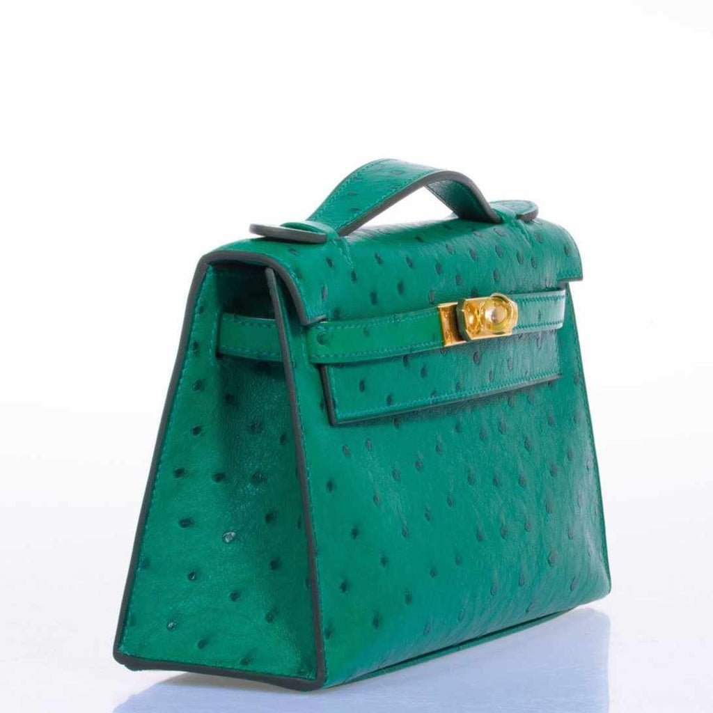 Hermès Kelly Pochette Vert Vertigo Ostrich Gold Hardware