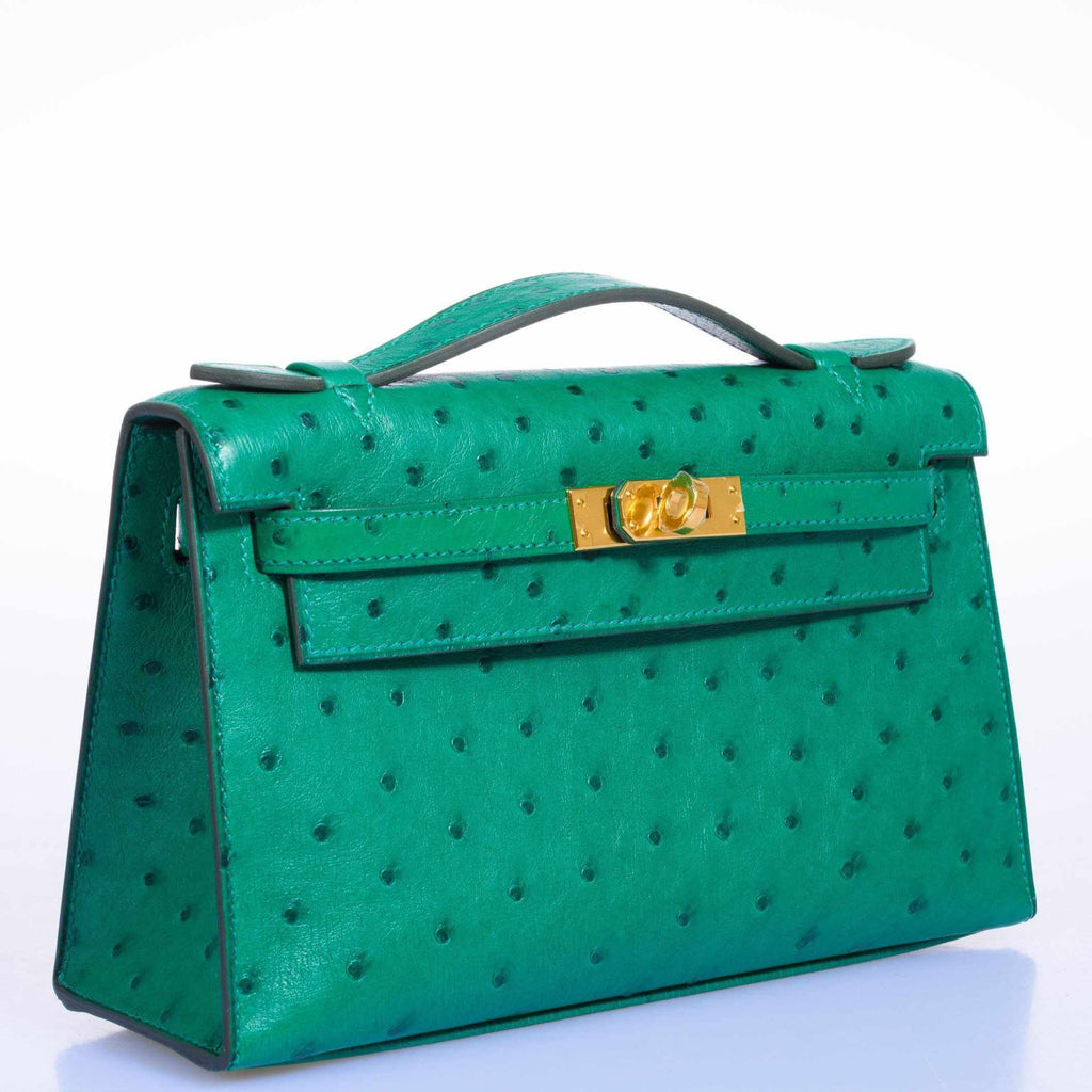 Hermès Kelly Pochette Vert Vertigo Ostrich Gold Hardware