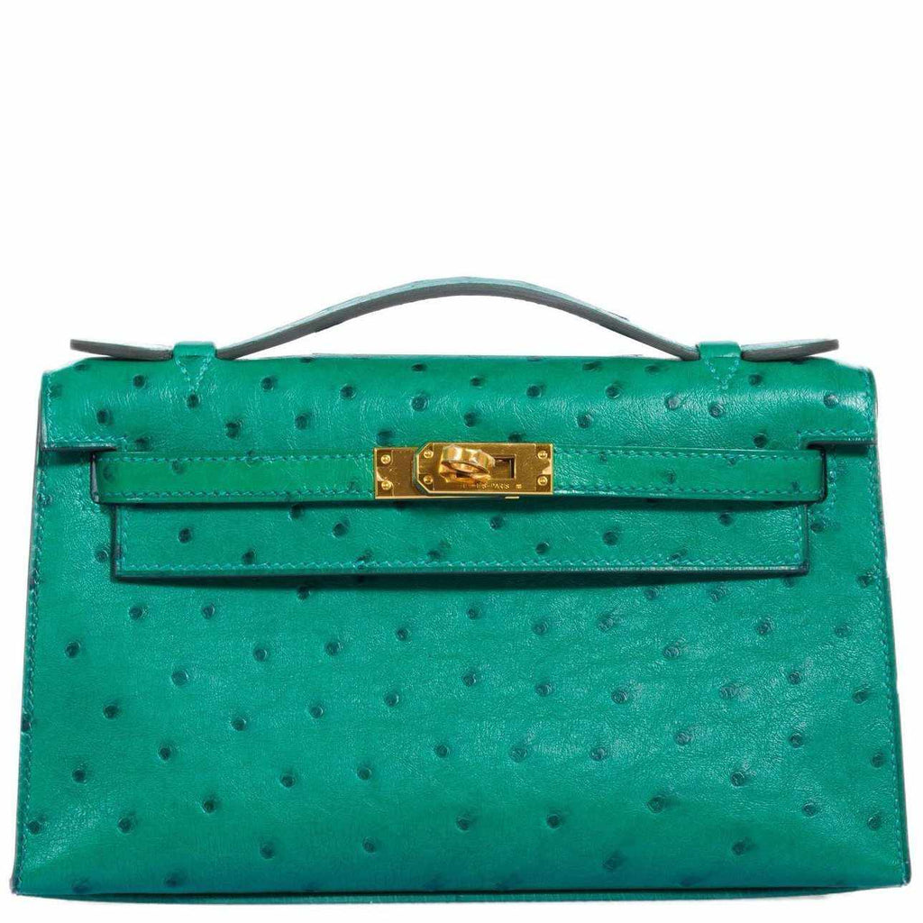 Hermès Kelly Pochette Vert Vertigo Ostrich Gold Hardware