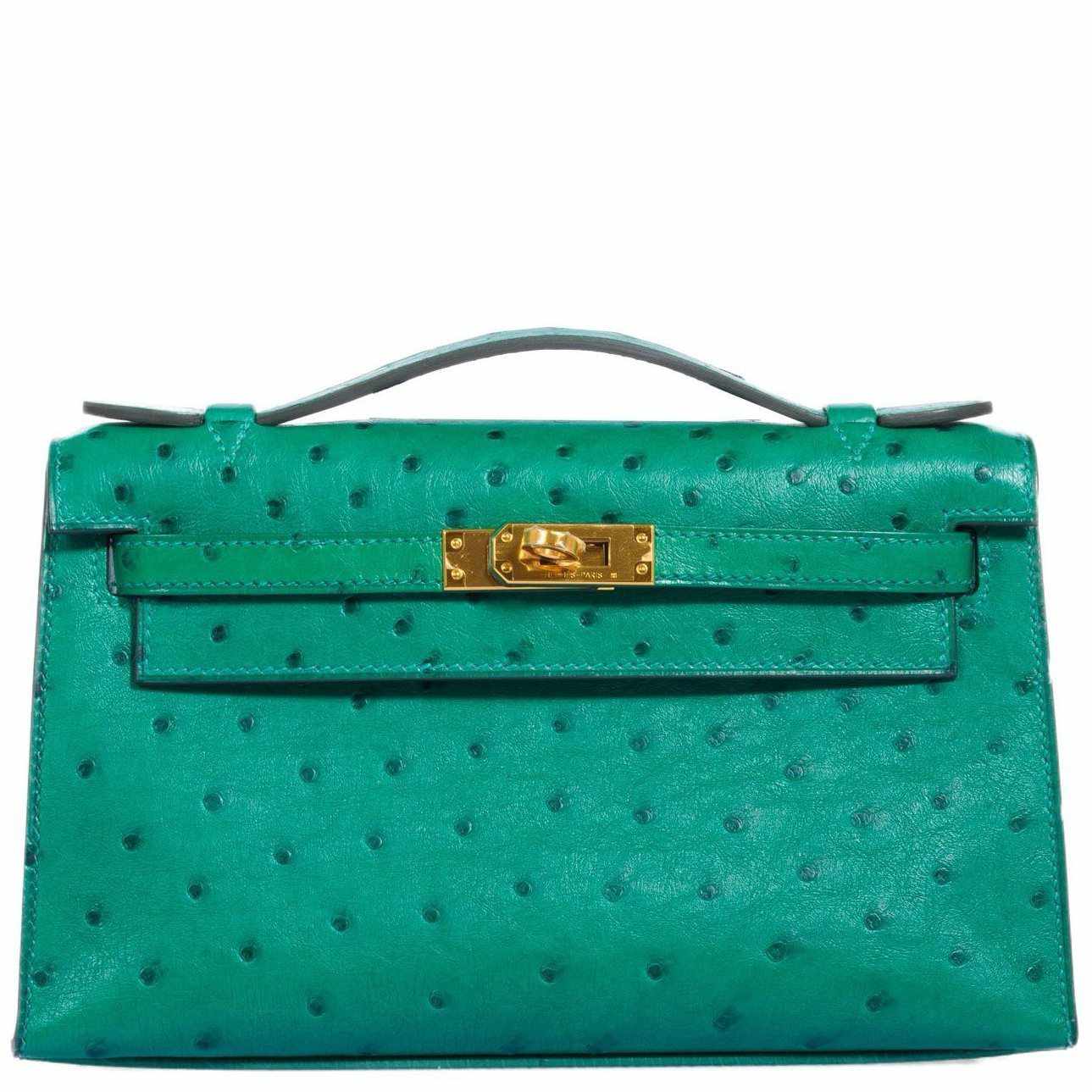 Hermès Kelly Pochette Vert Vertigo Ostrich Gold Hardware