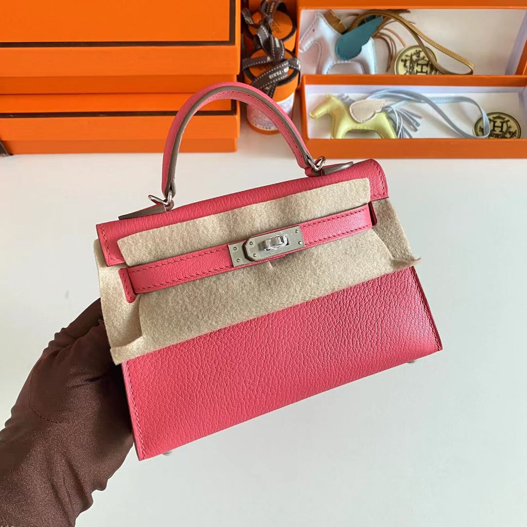 Hermes Women Mini Kelly 20 Bag Epsom Leather Silver Hardware-Rose