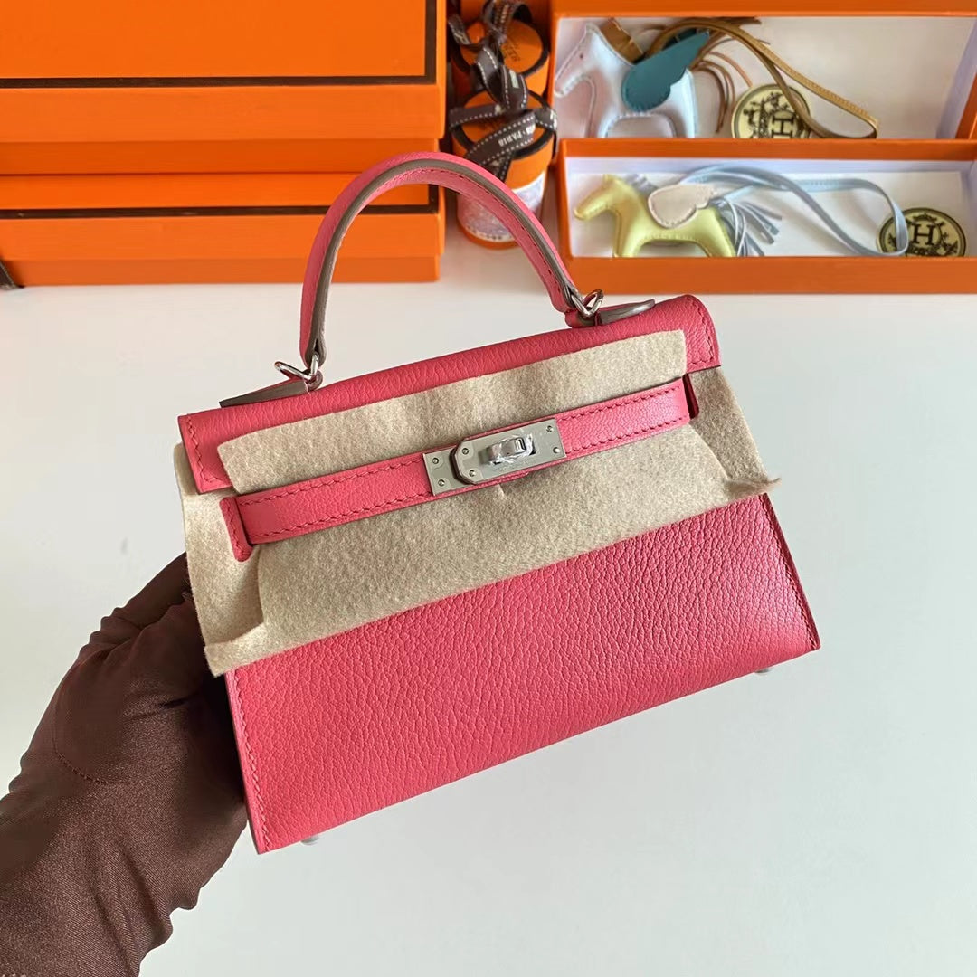 Hermes Women Mini Kelly 20 Bag Epsom Leather Silver Hardware-Rose