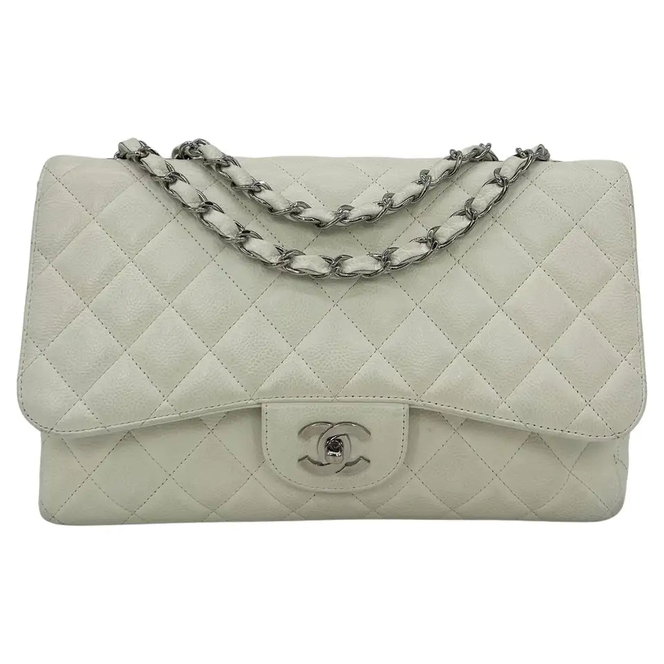 Chanel White Caviar Quilted Jumbo Single Flap Classic