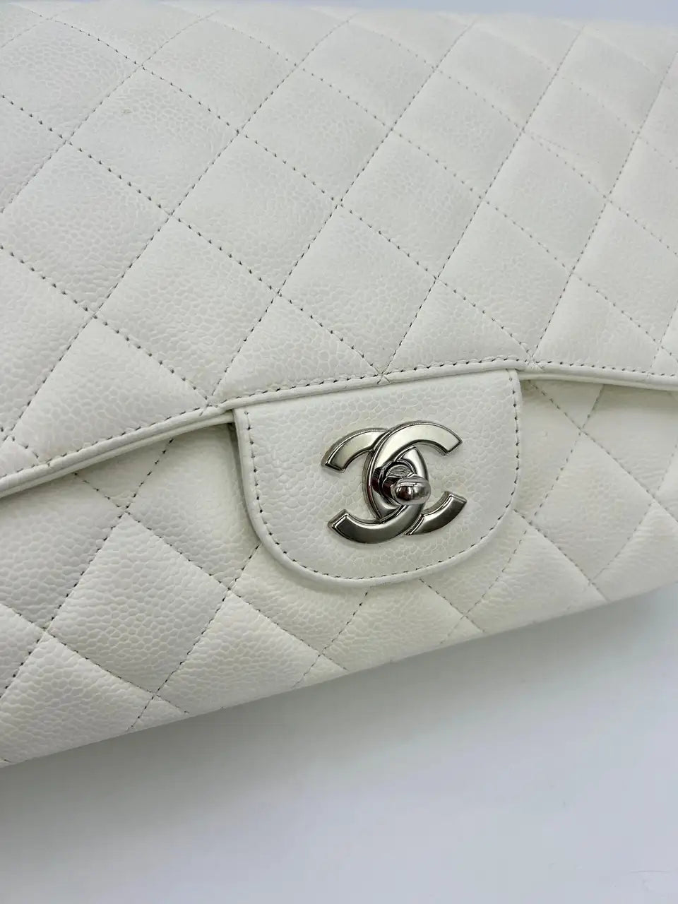 Chanel White Caviar Quilted Jumbo Single Flap Classic
