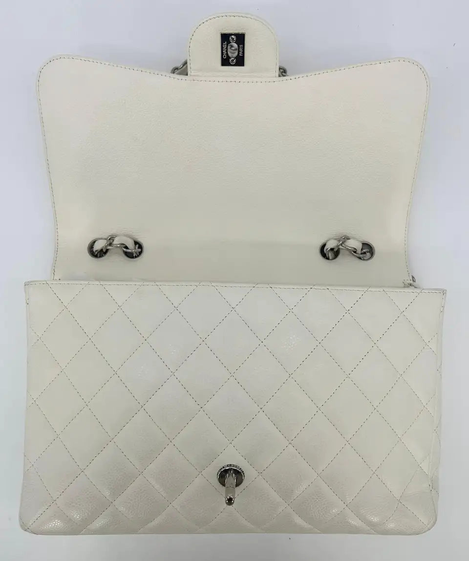 Chanel White Caviar Quilted Jumbo Single Flap Classic