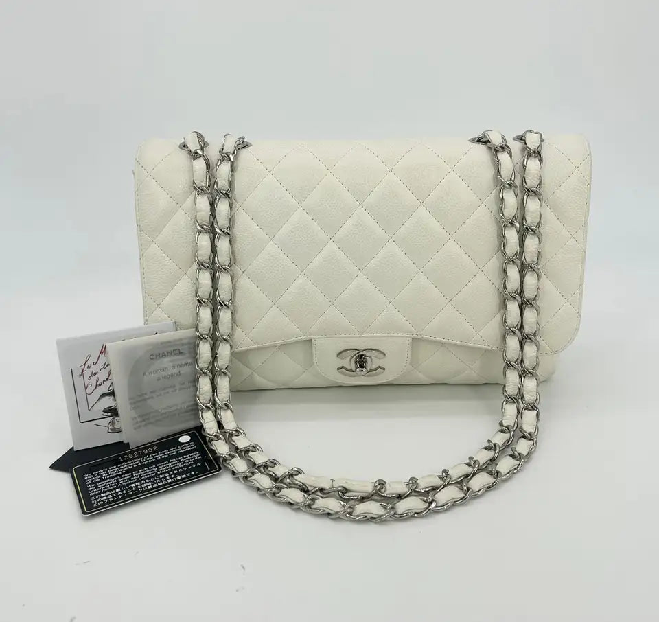 Chanel White Caviar Quilted Jumbo Single Flap Classic