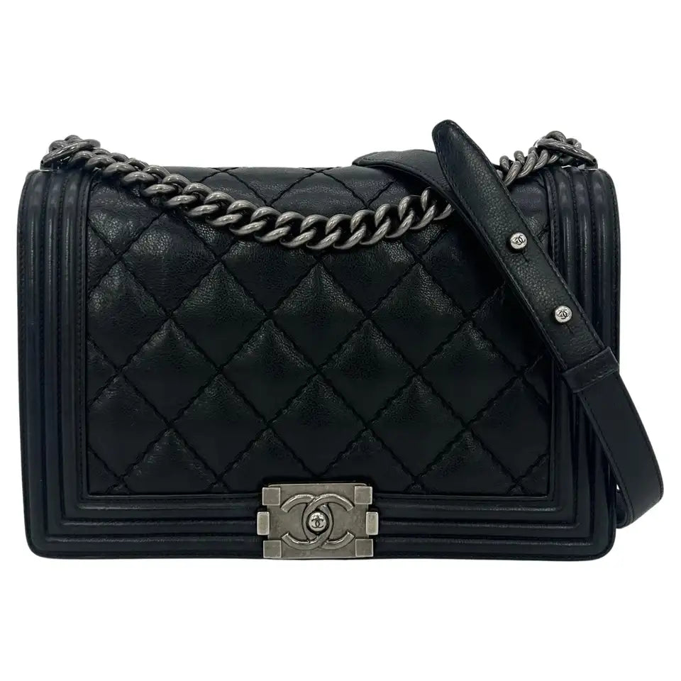 Chanel Black Lambskin Quilted Medium Boy Bag