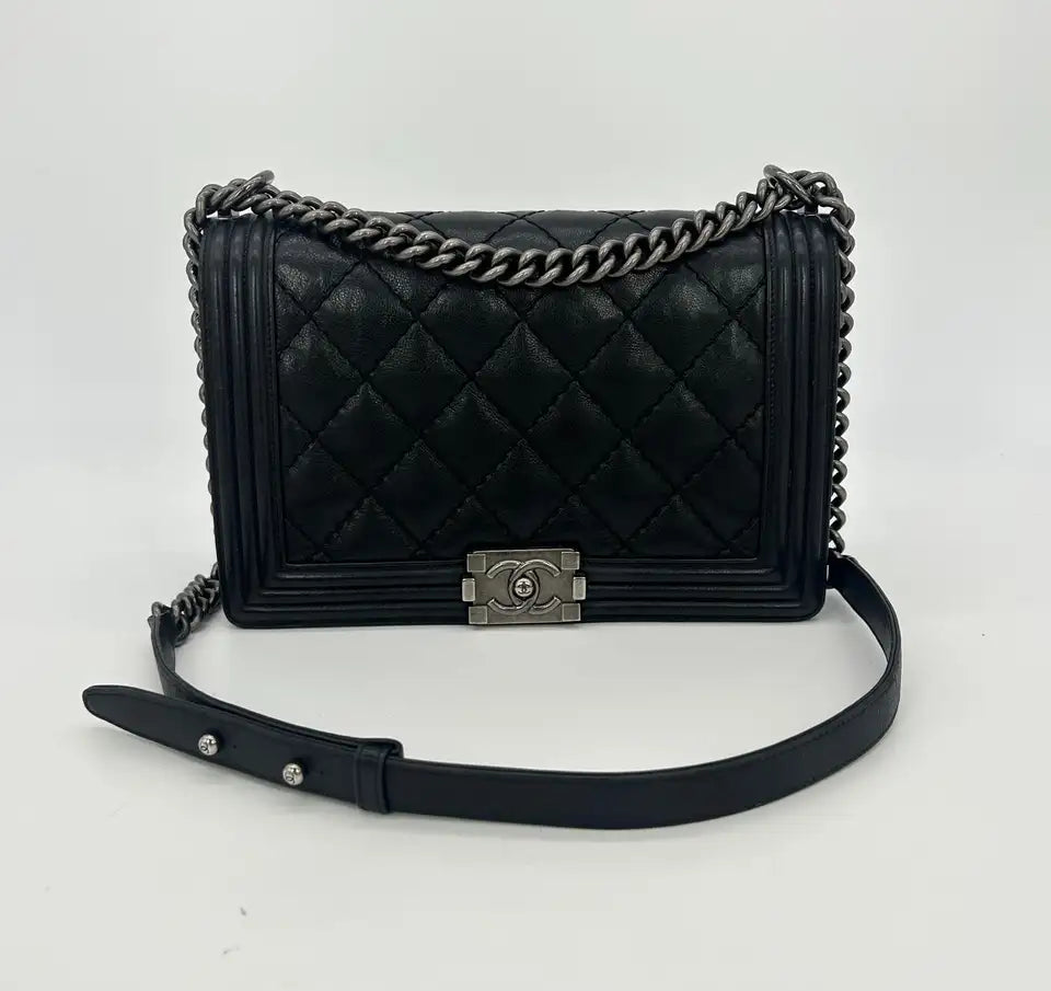 Chanel Black Lambskin Quilted Medium Boy Bag
