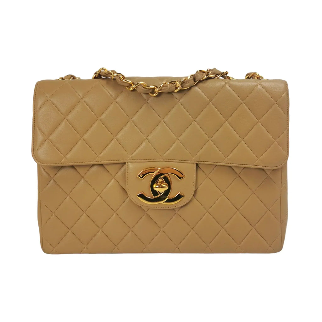 Chanel Classic Single Flap Jumbo Tan Beige Lambskin Gold