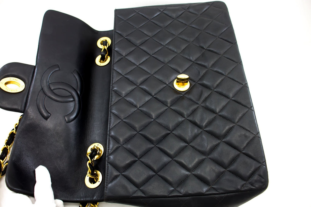 CHANEL Jumbo 13" 2.55 Flap Chain Shoulder Bag Black Lambskin Large g83