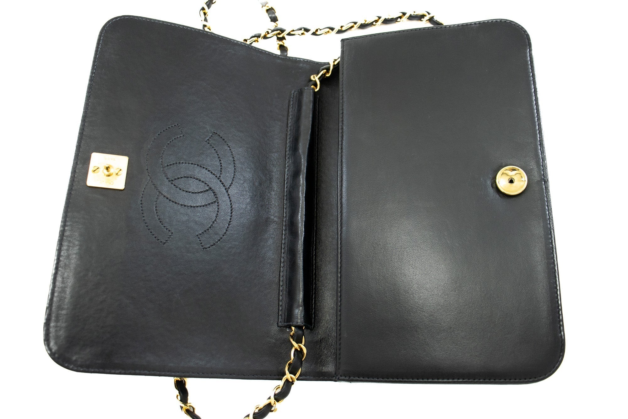 CHANEL Full Flap Chain Shoulder Bag Clutch Black Quilted Lambskin j59