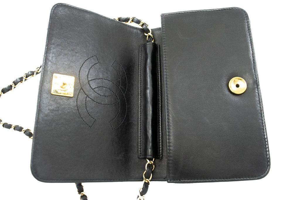 CHANEL Full Flap Chain Shoulder Bag Clutch Black Quilted Lambskin j67