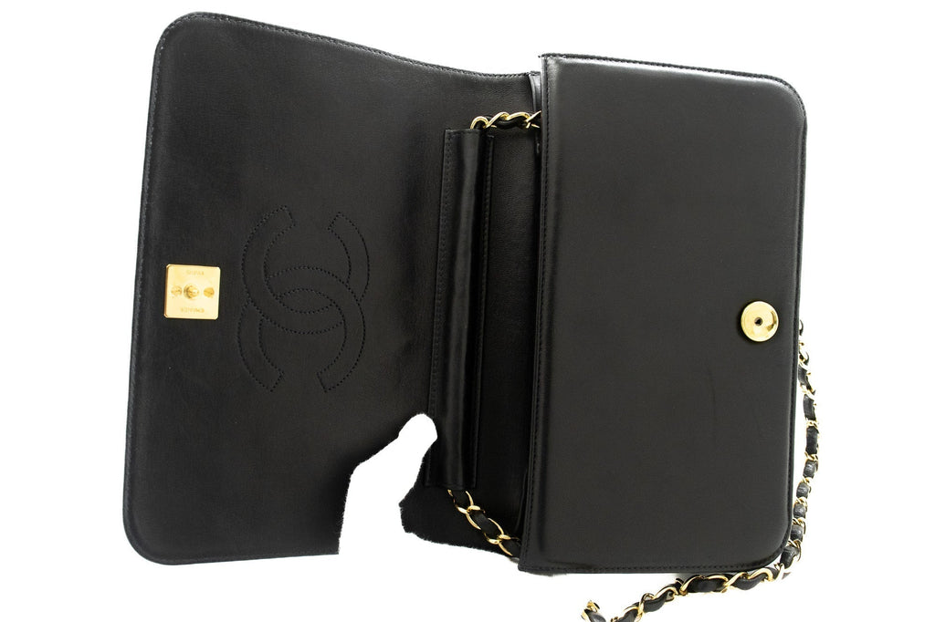 CHANEL Full Flap Chain Shoulder Bag Clutch Black Quilted Lambskin k19
