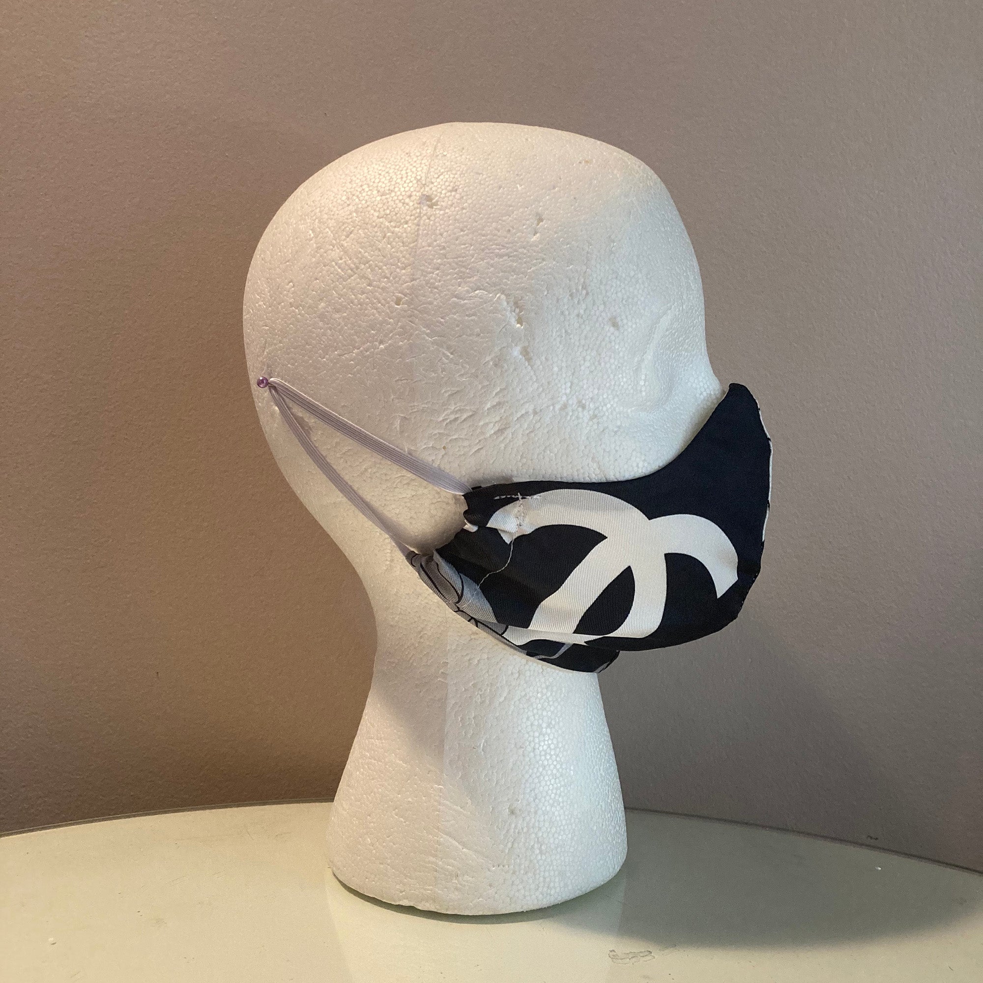 Chanel Black and White CC Logo Silk Scarf Face Mask