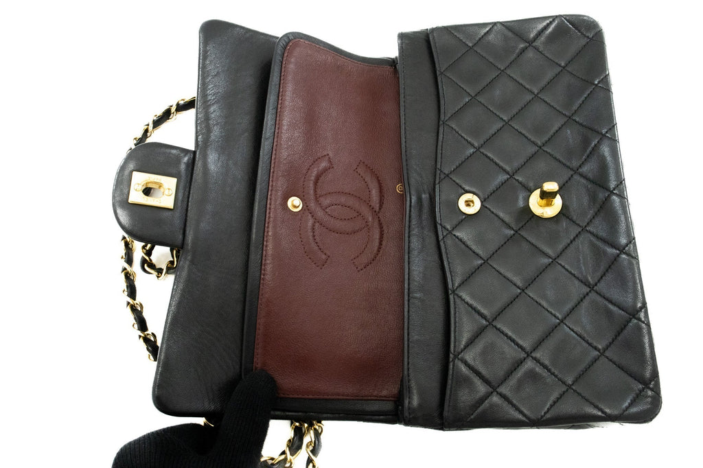 CHANEL Classic Double Flap 9" Chain Shoulder Bag Black Lambskin j57