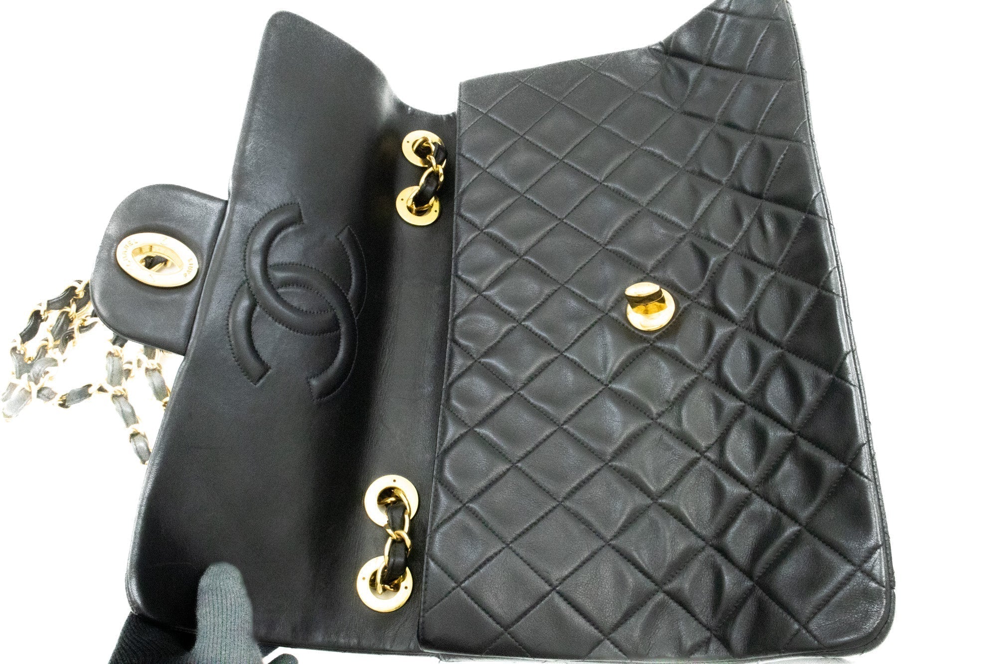 CHANEL Classic Large 13" Flap Chain Shoulder Bag Black Lambskin j58