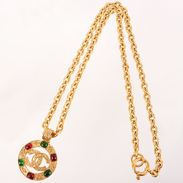 CHANEL 1994 Made Gripoix Round Cutout Cc Mark Necklace Green/Red