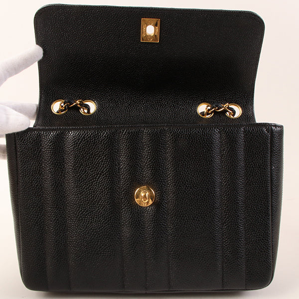 CHANEL Around 1995 Made Caviar Skin Mademoiselle Stitch Turn-Lock Chain Bag Black