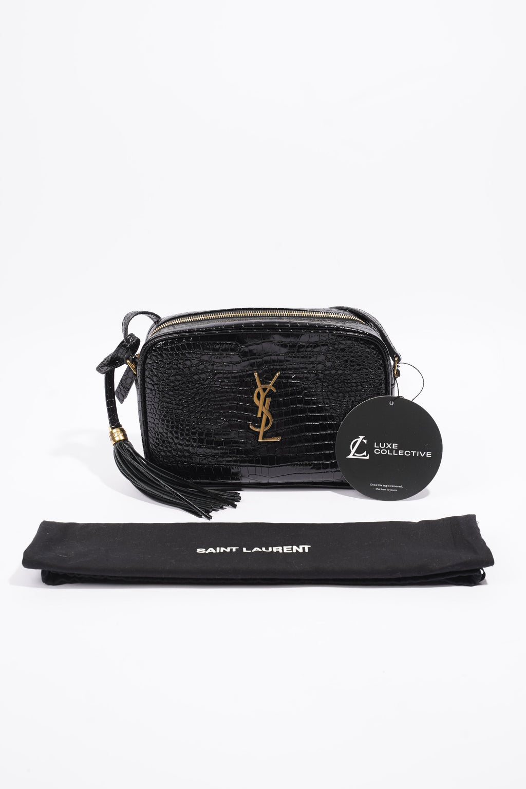 Saint Laurent Lou Camera Croc Black Embossed Leather Medium