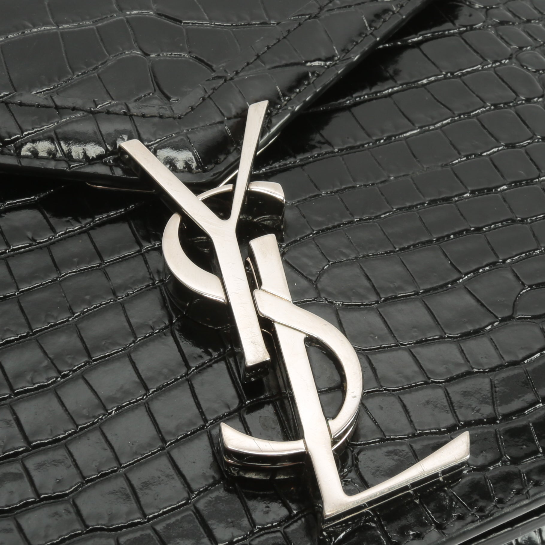 SAINT LAURENT Cassandra Chain Shoulder Bag-  Black Croc Embossed