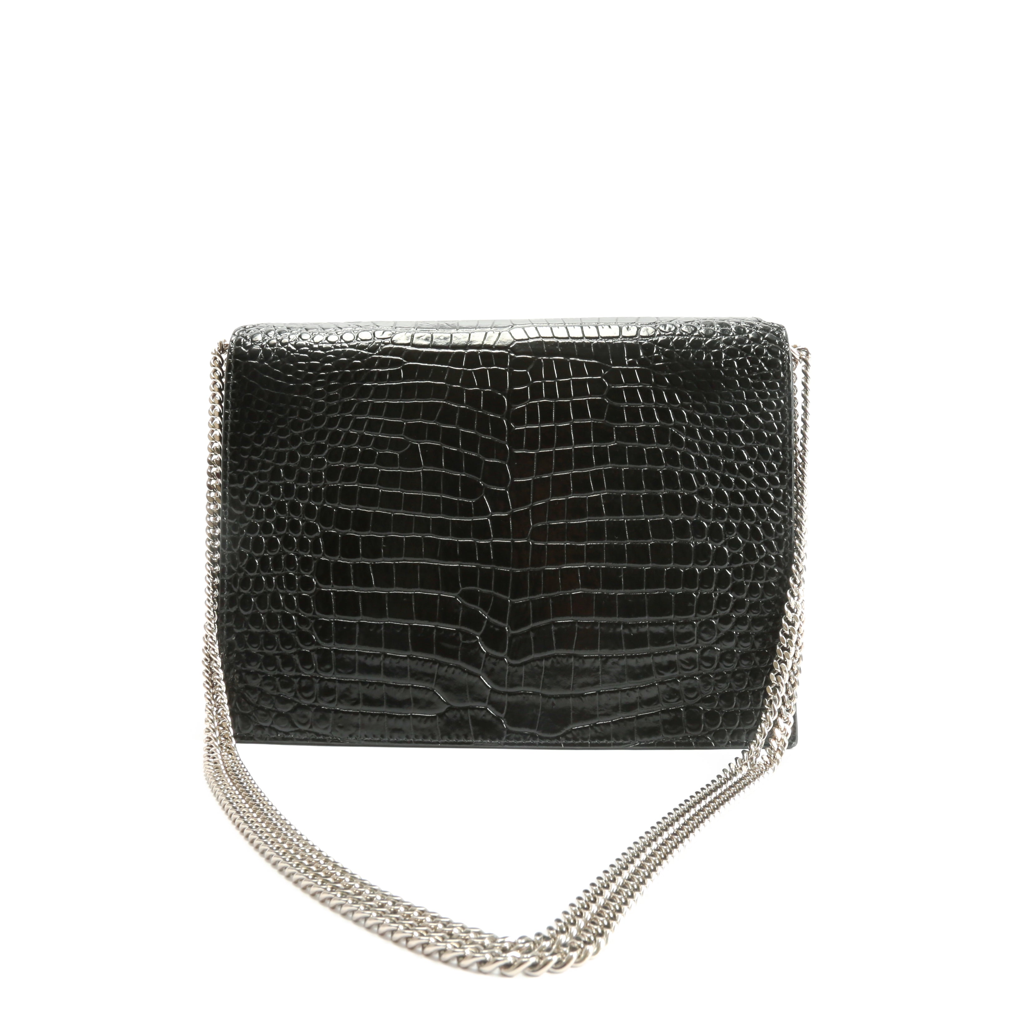 SAINT LAURENT Cassandra Chain Shoulder Bag-  Black Croc Embossed