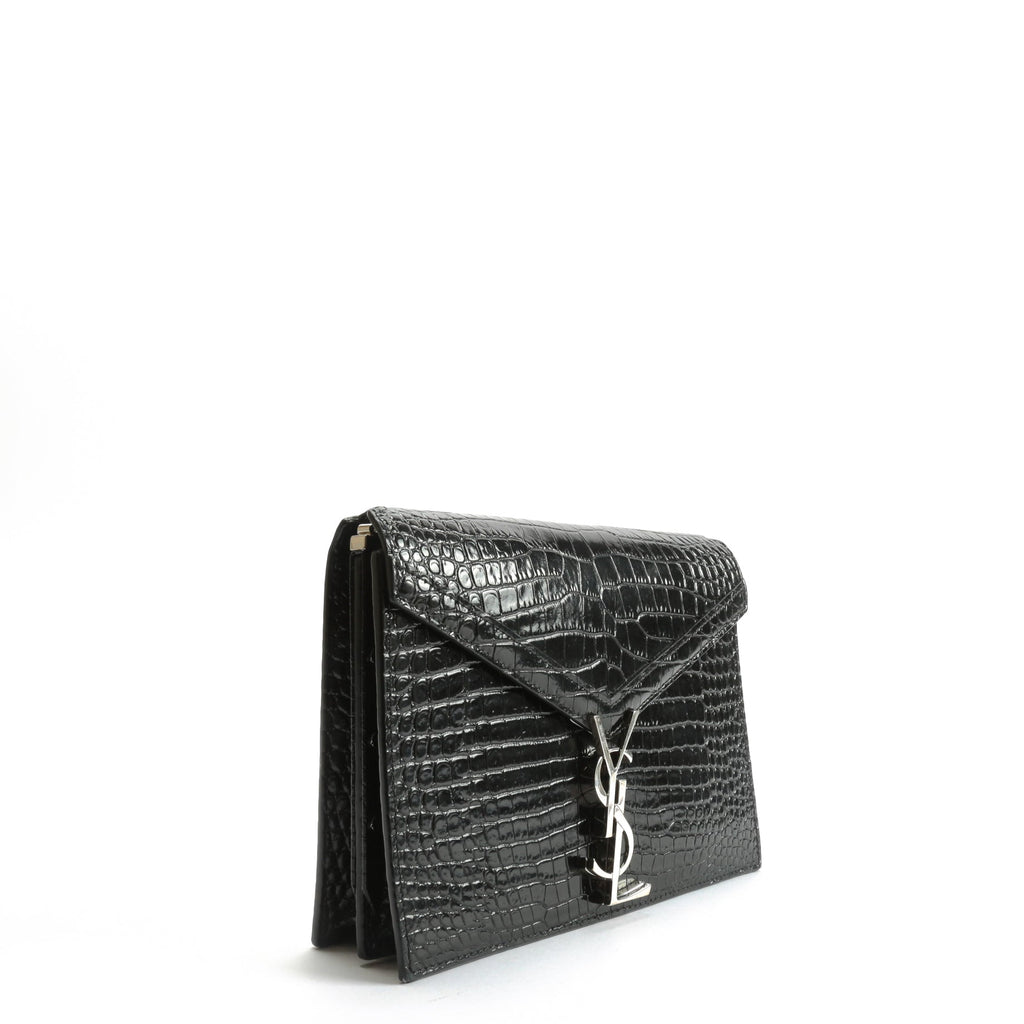 SAINT LAURENT Cassandra Chain Shoulder Bag-  Black Croc Embossed