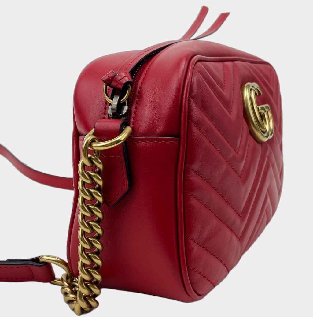 GUCCI Hibiscus Red GG Marmont Small Leather Crossbody